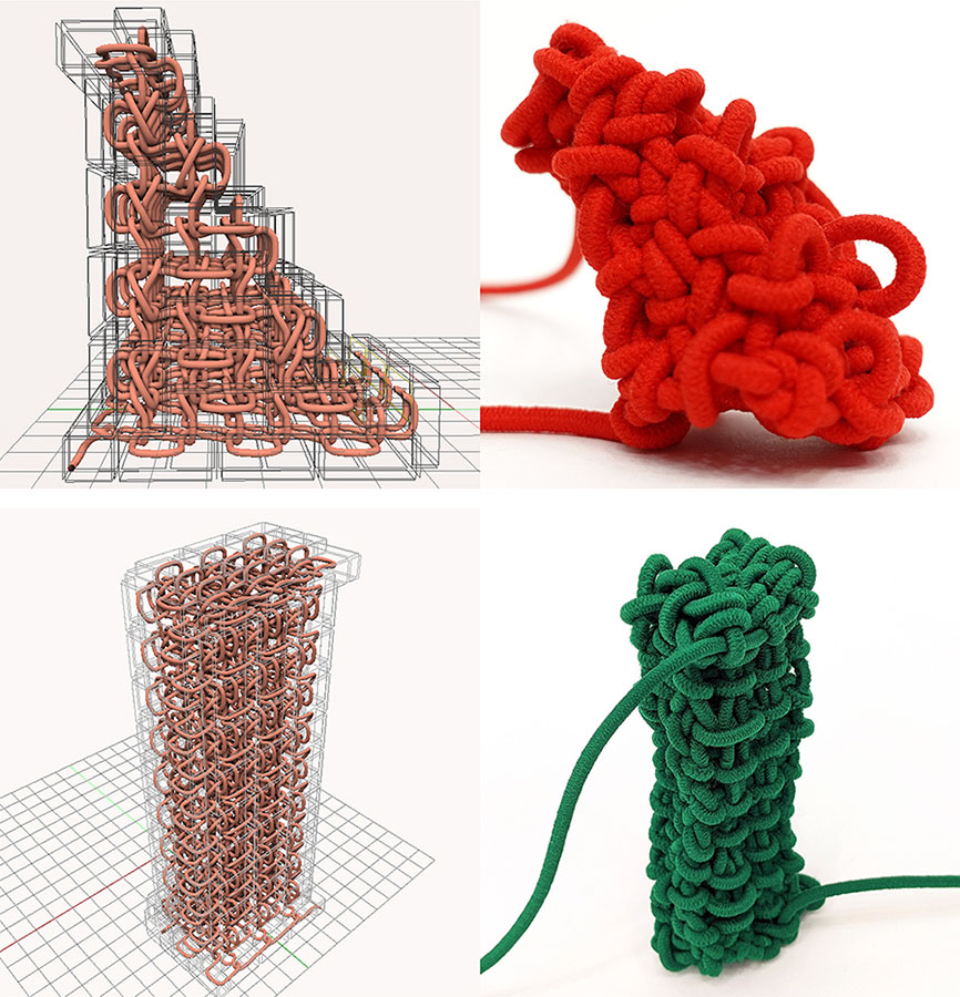 A collage of photos shows a red cone-shaped object and a taller green rectangle that were machine knit with bulky materials. Computer schematics of the red and green objects are also shown.